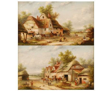 Georgina Lara (act.1840-1880) - Pair; Busy farmyard scenes with horses, chickens and figures, oil on canvas (re-lined and res