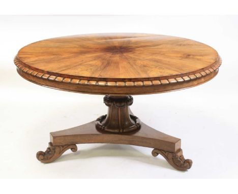 A William IV rosewood pedestal breakfast table, the circular tilt-top with radiating fan veneers and moulded edge, on a trifo