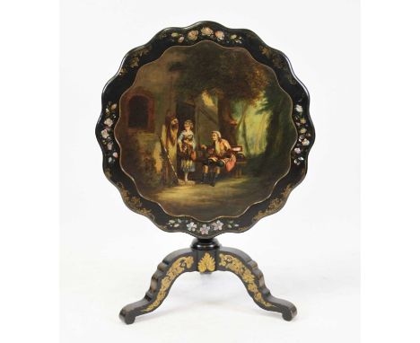 A 19th century black and polychrome painted faux papier-mache pedestal tripod table, the shaped circular dished tilt-top with