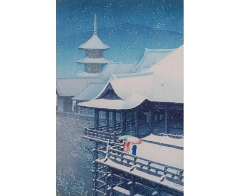 Kawase Hasui (1883-1957) - Spring Snow at Kiyomizu, Kyoto, woodblock, signed lower right, 36 x 23.5cm, mounted within the mar