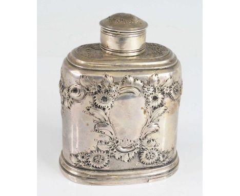 A George II silver tea caddy, having slide-off base, the body decorated with vacant Rococo cartouche to each side and further