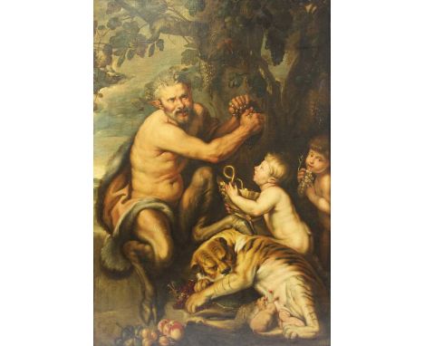 After Peter Paul Rubens (1577-1640) - A Satyr pressing grapes with a tiger and two children, oil on canvas (re-lined and re-s