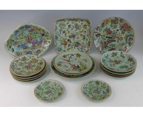 A collection of Chinese Canton famille rose plates and dishes, 19th century, each enamel decorated with flowers or figures up