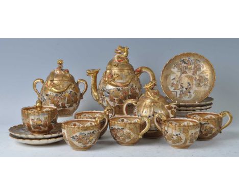 A Japanese satsuma six place tea set, early 20th century, comprising teapot and cover, cream jug and cover, twin handled suga