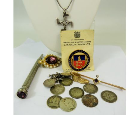 Ineteresting mixed lot to include a Victorian Swastica with decorative Centre, Friends of Lincoln Cathedral 1936 metal and en