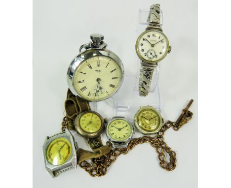 Selection of Vintage watches, one with Silver case, plus a chrome cased Smiths Pocket watch. All require attention to run. Se