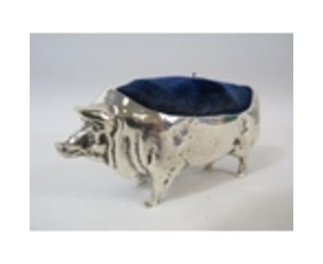 Vintage White metal pig pin cushion, 2" high and 4.5" long.