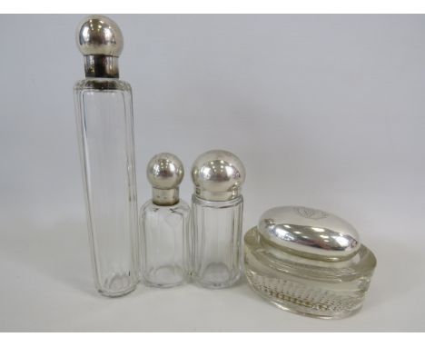 Selection of Silver Topped Glass Dressing table items. Each Item is Hallmarked for London 1885 for the Army-Navy Co-op (Fredr