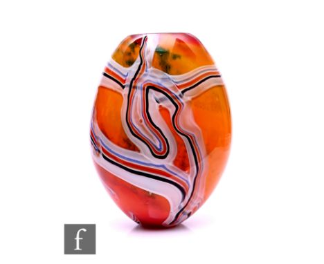 Unattributed Maker - Murano Glass - A large Italian cased glass vase, of flattened ovoid form, striated blue, orange and blac