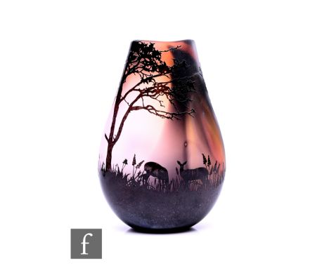 Ed Burke - E &amp; M Glass - A contemporary cameo glass vase of compressed tear form, cased in deep magenta over a graduated 