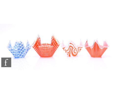 Unattributed Maker - Chance Glass - Four mid Century slump glass handkerchief vases, including blue and white 'Carre' or 'Esc