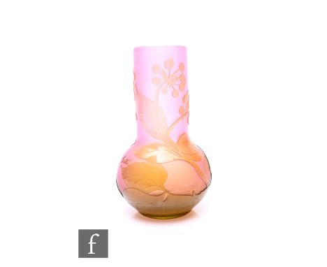 Emille Galle - A small cameo glass vase, of squat ovoid form with tall collar neck, cased in green over pink and cut to revea