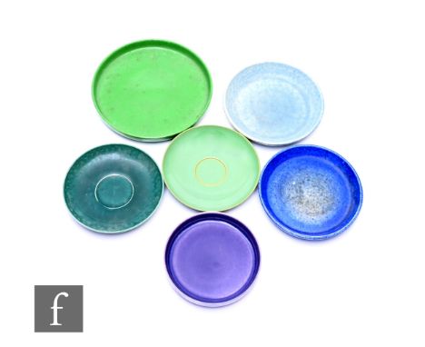 Ruskin Pottery - Two crystalline high sided plates, circa 1930, of circular form, royal blue to green/grey mottled glaze, and