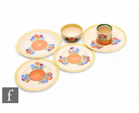 Clarice Cliff - A large dish form plate circa 1936, radially hand painted with Crocus sprays with yellow, green and brown ban