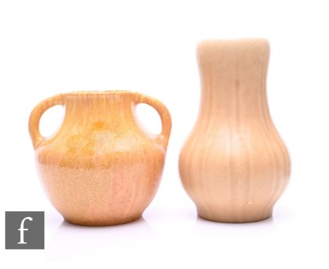 Pilkington's Royal Lancastrian - A shape no.381 twin handled vase, of compressed baluster form, mottled streaked ochre glaze,