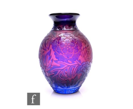 Helen McDonald - Caithness - A studio collection 'Lace' cameo vase, of baluster form, blue over amethyst and clear glass, cut
