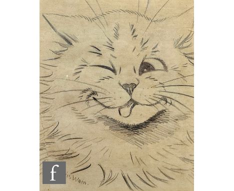 Attributed to Louis Wain (1860-1939) - Portrait of a winking cat, pencil drawing, signed, framed, 24cm x 20cm, frame size 35c
