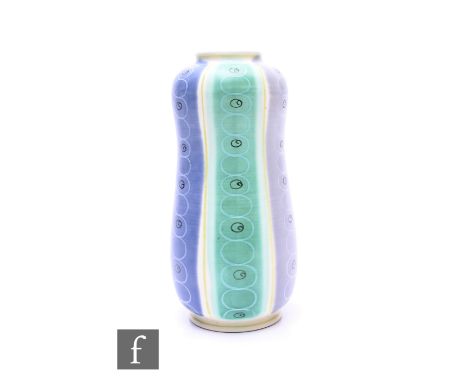 Alfred Rhead and Guy Sydenham - Poole Pottery - A Freeform PLT 'Peanut' vase, circa 1950, decorated with vertical bands of co