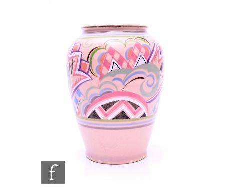 Truda Carter - Poole Pottery - A 1930s shape 198 vase hand painted in the JE pattern with abstract flowers and foliage agains