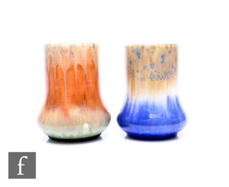 Ruskin Pottery - A crystalline vase, circa 1932, elephant foot form, beige to ochre, ivory and sky blue glaze with blue cryst