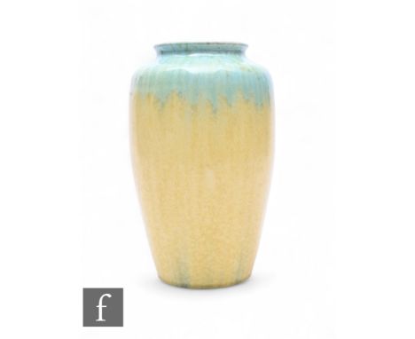 Ruskin Pottery - A crystalline vase, circa 1930, of shouldered form with everted rim, pastel sea green streaked glaze to mott