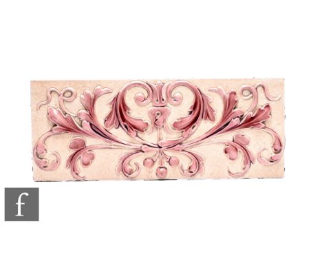 Burmantofts Faience - A large plastic clay tile, circa 1880, rectangular form, high relief moulded acanthus foliate scrolls w