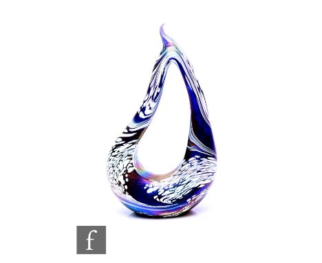 Kris Heaton - Neo Art - An iridescent open work glass weight, of teardrop form, opaque trails and mottling over petrol blue g
