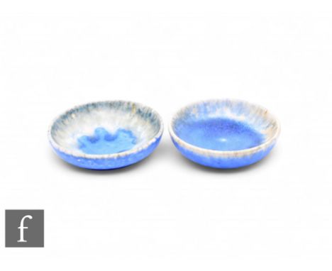 Ruskin Pottery - Two crystalline pin dishes, circa 1932, of circular form, each with graded blue/grey to ivory with blue crys