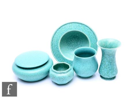 Pilkington's Royal Lancastrian - A shape no.3311 powder jar and cover, of compressed shouldered form with deep celadon mottle