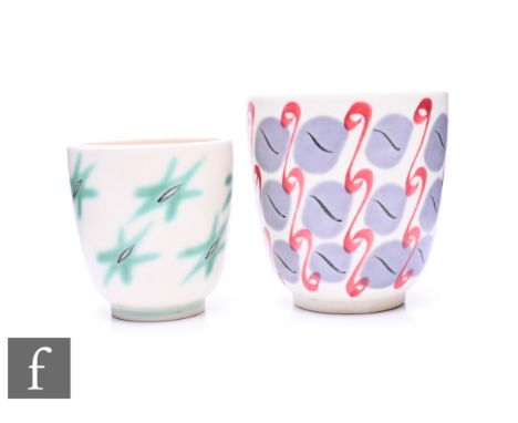 Ruth Pavely - Poole Pottery - A Freeform HZT Red Scrolls 'Egg Cup' vase, circa 1950, decorated with alternate vertical bands 
