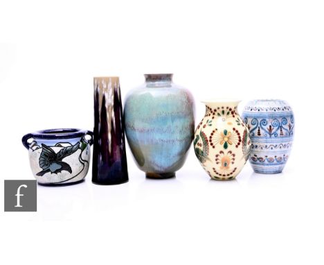 Amphora - A mid Century Campina vase, incised and enamelled bird in flight over matt speckled ground, height 8cm, together wi