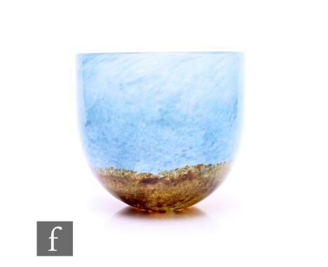 Kjell Engman - Kosta Boda - A Nordic bowl, circular form, dappled tonal brown enamel over mottled and smoky blue/opal ground,