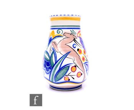 Truda Carter - Poole Pottery - A 1930s shape 438 vase hand painted in the TZ leaping deer pattern with a stylised gazelle amo