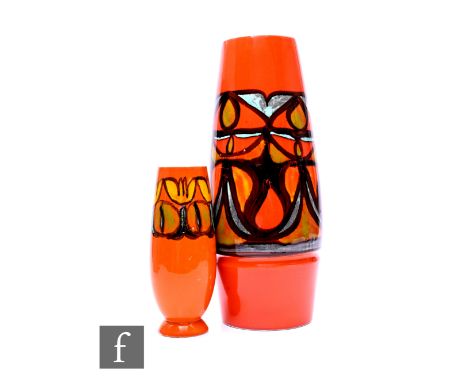 Poole Pottery - A Delphis Stick Stand Vase,&nbsp; No.85, stylised geometric band in burnt umber, opal and ochre over orange g