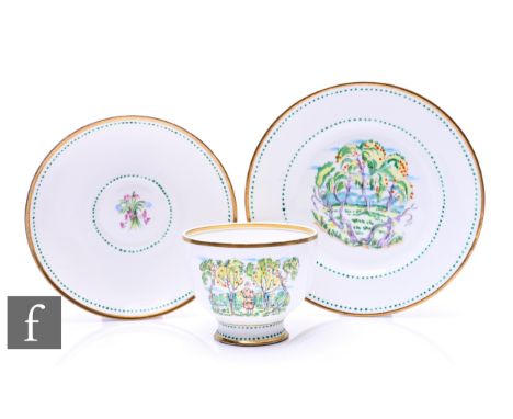 Albert Rutherstone - A E Brain &amp; Co (Foley) - A 1934 Art In Industry Exhibition bone china trio, the cup decorated with a