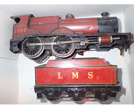 Original O gauge Bassett Lowke 4.4.0 loco and tender LMS red 1108 three rail electric CONDITION REPORT: Condition is fair to 