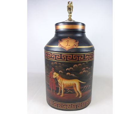 Large jar shaped tin table lamp with hand painted scene, H57cm  (This item is PAT tested - 5 day warranty from date of sale) 