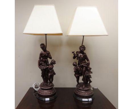 Pair of large spelter figural lamps with shades, H94cm including shade  (This item is PAT tested - 5 day warranty from date o