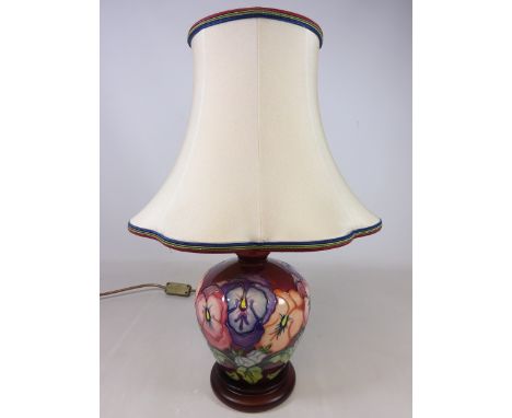 Moorcroft 'Pansy' pattern table lamp designed by Rachel Bishop, H18cm of main body, with original shade  (This item is PAT te