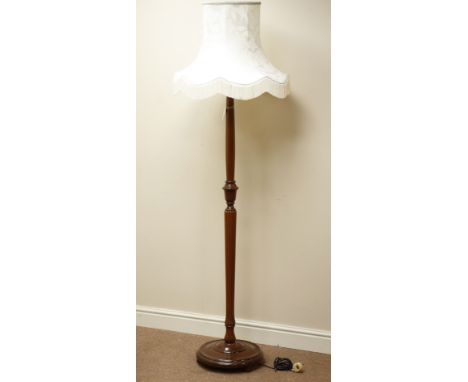 Mid 20th century turned mahogany standard lamp with shade   Condition Report   Click here for further images, condition, auct