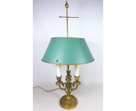 Early 20th Century gilt metal three branch candlestick style table lamp, H71cm (This item is PAT tested - 5 day warranty from