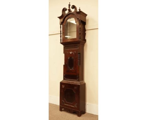 Victorian mahogany longcase clock case, with carved mounts and turned quarter columns, swan neck pediment to hood, H260cm   C