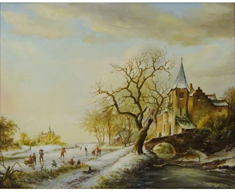 Winter Dutch Town Scene with Figures Skating on a Lake, 20th century oil on canvas signed by R M Crompton 39.5cm x 49.5cm   C