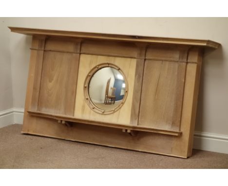 20th century walnut over mantelpiece with convex mirror, W153cm, H77cm, D23cm   Condition Report   Click here for further ima