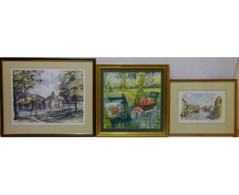 'Summer Garden', 20th century watercolour signed by Mary M Bonner, 'Dunstanburgh Castle', colour print after JMW Turner,  The
