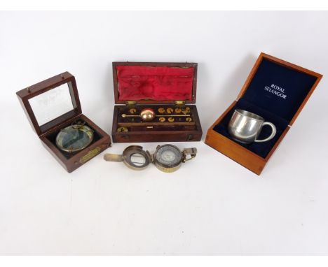 Sykes Patent Hydrometer in case, replica brass marching compass, a map reader compass & a Royal Selangor mug (4)   Condition 