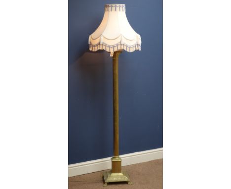 20th century brass Corinthian column standard lamp, H124cm (excluding fitting), with shade (This item is PAT tested - 5 day w