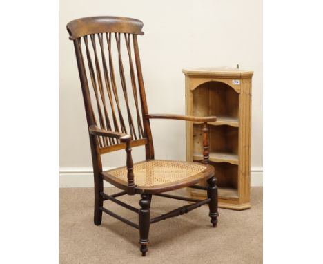 Early 20th century weaved spindle back armchair with cane seat and a small pine corner shelf    Condition Report   Click here