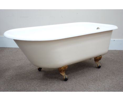 Victorian style enamel roll top bath on ball and claw feet, L170cm
