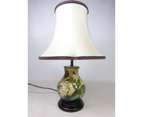 Moorcroft 'Fruit Garden' pattern table lamp designed by Nicola Slaney, H15.5cm of main body, with original shade (This item i